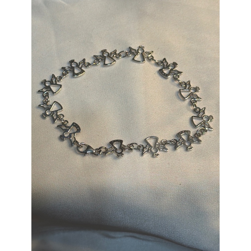 Silver Tone Angel Link Bracelet Celestial Religious Jewelry 7.5 Inch
